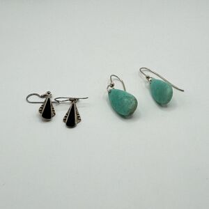 925 Sterling Silver Earrings Lot 2 Pairs Onyx & Amazonite Stud Earrings Set